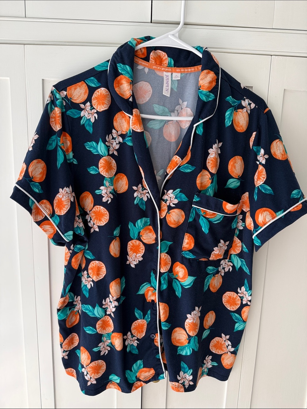 Women's Navy Short-Sleeve Pajama Top with Orange Fruit Print